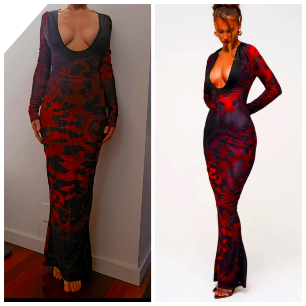 UK designer sample rat & boa style plunging maxi animal print dress xs/s